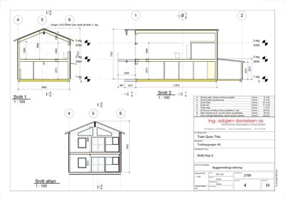 Snittegning (Snitt 1, Snitt 2 og Snitt altan) som viser tverrsnittet av huset med mål og romfordeling.