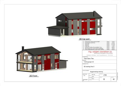 3D-visualisering av et hus med to utsnitt (front og carport) og en byggetabell.