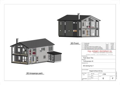 3D-visualisering av en husmodell med to perspektiver (helhet og inngangsparti) og en teknisk oppgavebeskrivelse.