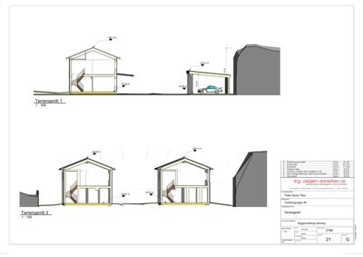 Tegning som viser tverrsnitt gjennom bygningen (terrensnitt) med høydemål og konstruksjonsdetaljer.