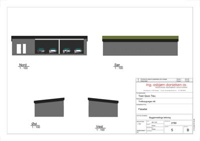 Fasadetegning som viser bygningens utsyn mot Nord, Sør, Øst og Vest med skråtak.