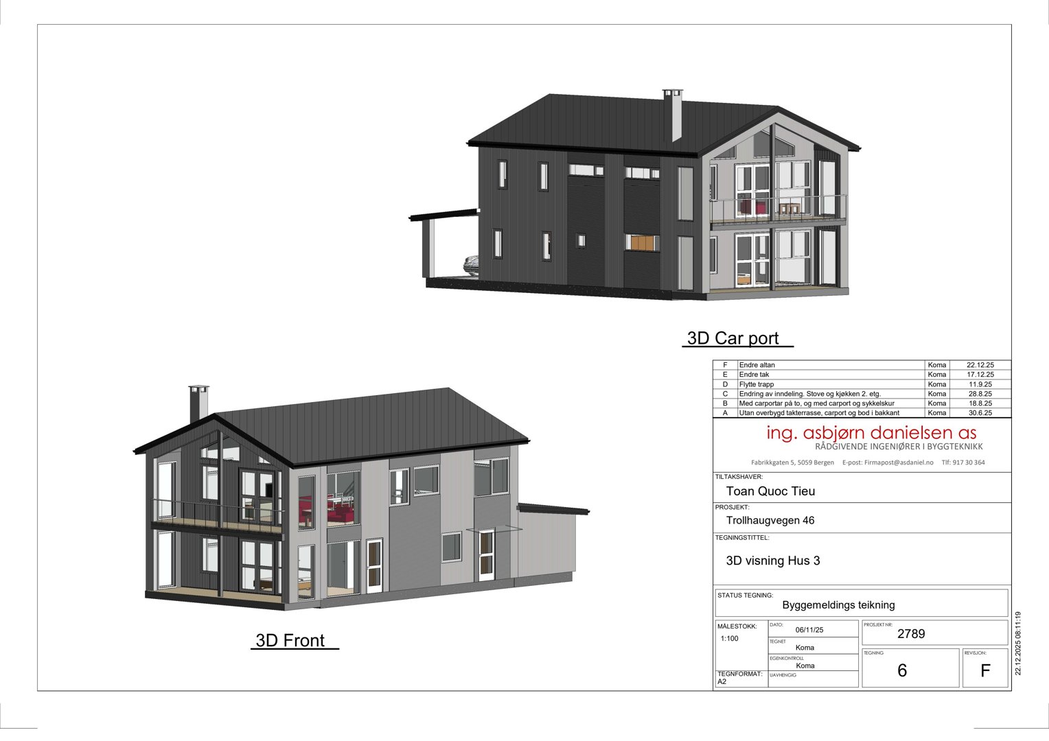 3D-visualisering av huset med to perspektiver (front og carport) og byggesaksinformasjon.