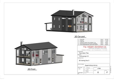 3D-visualisering av huset med to perspektiver (front og carport) og byggesaksinformasjon.