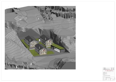 Situasjonsplan som viser plassering av tre hus i forhold til terrenget (konturlinjer) og veier.