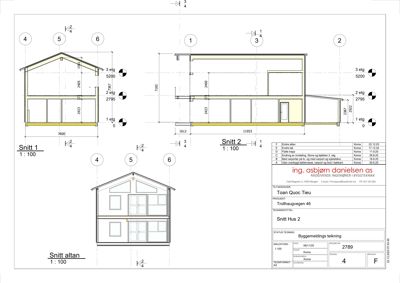 Snittegning av et hus (Snitt 1, Snitt 2 og Snitt altan) med mål og etasjeskille.