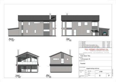 Fasadetegning som viser bygningens utsyn mot Nord, Sør, Vest og Øst med detaljer om vinduer, dører og takform.