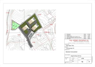 Situasjonsplan (tomtekart) som viser tomtens form, grenser, høydemål, plassering av bygninger og veier.