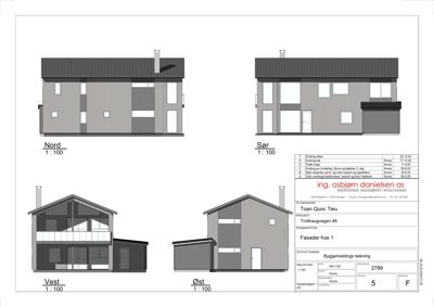 Fasadetegning som viser bygningens utsyn fra fire sider (Nord, Sør, Vest, Øst) med tegningstittel 'Fasadmelding' og arkitekttegningens stempel.