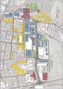 Situasjonsplan som viser bygningsplassering, veier og arealbruk i et større område.