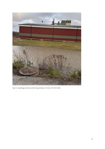 Fotografi av en rød og grønn bygning (Lagerbygg) ved en vannflate, tatt fredag 13.3.