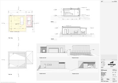 Bildet viser en tegningssamling som inkluderer etasjeplaner (Plan 1 etg., Plan Tak), snittegninger (Snitt A, Snitt B) og flere fasadetegninger (Fasade mot øst, Fasade mot vest, etc.).