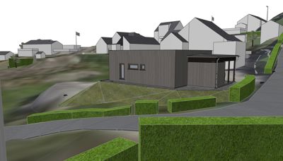 3D-visualisering av et hus i et nabolag med omgivende terreng og beplantning.