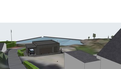 3D-visualisering av et hus med garasje og omgivelser.