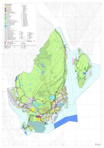 Et kart over et geografisk område med fargekoding for ulike arealbruk og planområder.