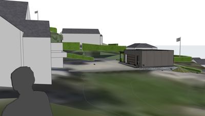 3D-visualisering av et boligområde med flere hus og en garasje.