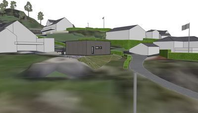 3D-visualisering av et planlagt bygg i et landskap med andre hus i nærheten.