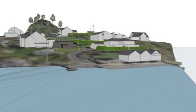 3D-visualisering av et boligområde ved kysten med flere hus og en vei.