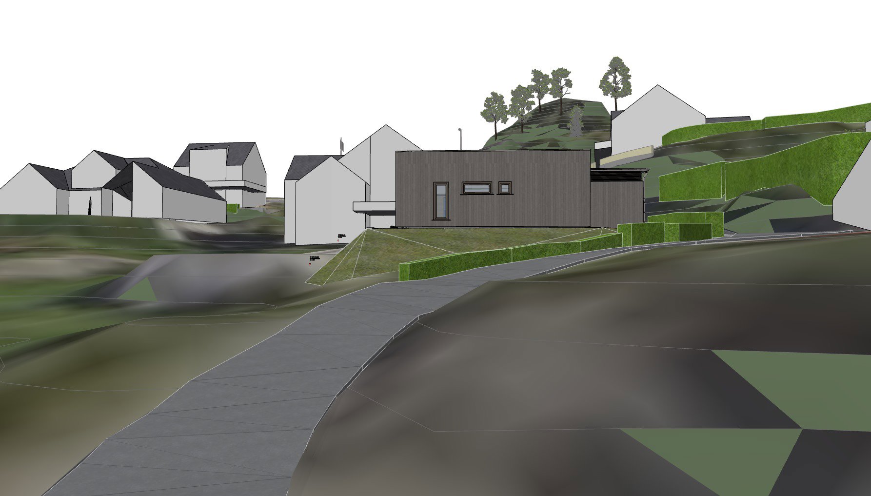 3D-visualisering av en nybygd bolig i et nabolag med terreng og vei.