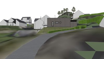 3D-visualisering av en nybygd bolig i et nabolag med terreng og vei.
