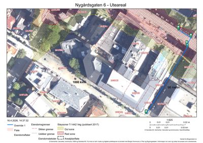 Flyfoto med overlagte arealplanleggingsdata (uteareal, eiendomsgrenser, støysoner) for Nygårdsgaten 6.