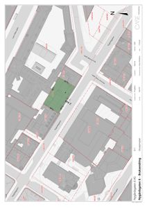 Situasjonsplan som viser tomtegrenser, nabobebyggelse og gater for prosjektet på Nygårdsgaten 6.