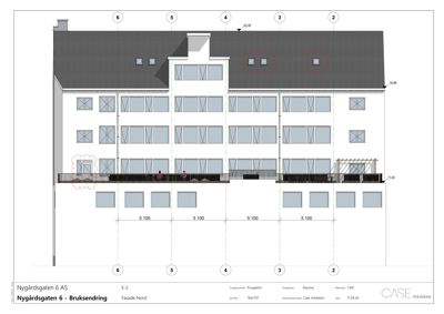 Fasadetegning av bygningen på Nygårdsgaten 6 sett fra nord.