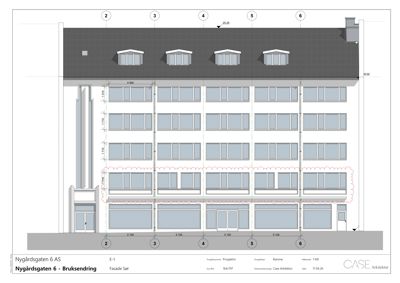 Fasadetegning av bygningen på Nygårdsgaten 6 sett fra sør (Sør-fasade). Tegningen viser etasjer, vinduer, takform, inngang og mål på fasaden.