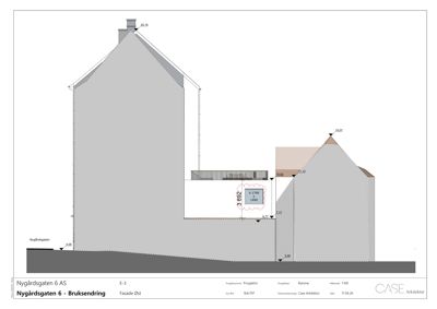 Fasadetegning (oppriss) av bygningen på Nygårdsgaten 6 sett fra øst.