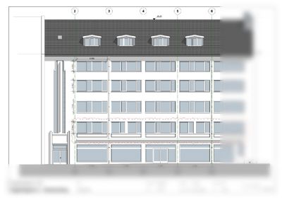 Fasadetegning av bygningen på Nygårdsgaten 6 sett fra sør (Sør-fasade). Tegningen viser etasjer, vinduer, takform, inngang og mål på fasaden.