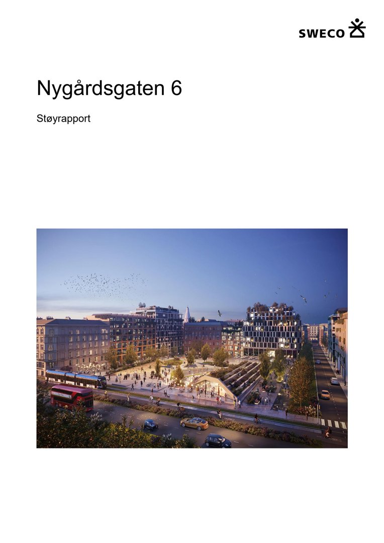 Et fotografi som viser en 3D-visualisering av et nytt byutviklingsprosjekt i Nygårdsgaten 6, inkludert nye bygninger, gatelys og trafikk.