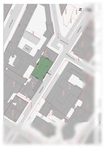 Situasjonsplan som viser tomtegrenser, nabobebyggelse og gater for prosjektet på Nygårdsgaten 6.