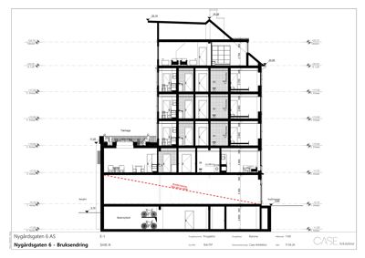 Snittegning (Snitt A) av bygningen på Nygårdsgaten 6 som viser romfordeling, høyder og konstruksjon.