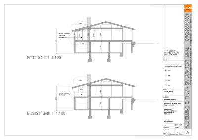 Bildet viser to snittegninger (NYTT SNITT og EKSIST. SNITT) av en bygning med mål og konstruksjonsdetaljer.
