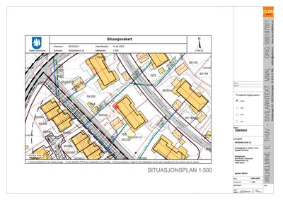Situasjonsplan som viser tomtens plassering i forhold til nabolag, vegnett og eiendomsnummer.