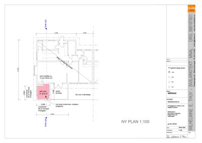 Etasjeplan (NY PLAN 1:100) som viser romfordeling, mål og endringer i en bolig.