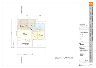 Etasjeplan (eksisterende plan) som viser romfordeling, arealer og dimensjoner for en bolig.