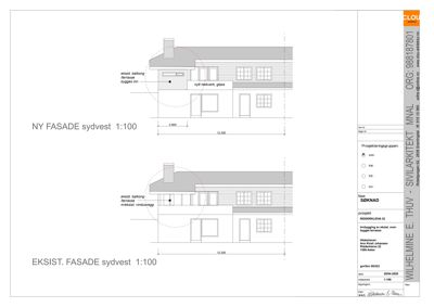 Fasadetegning som viser eksisterende og ny fasade på bygningens sydvestside.