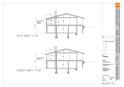 Snittegning som viser eksisterende og nytt tverrsnitt av en bygning med mål og konstruksjonsdetaljer.