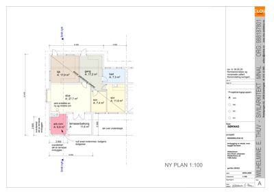 Etasjeplan (NY PLAN 1:100) som viser romfordeling, arealer og dimensjoner for en bolig.