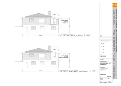 Fasadetegning som viser eksisterende og ny fasade på nordvestsiden av en bygning.