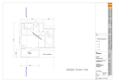 Etasjeplan (eksisterende plan) med romfordeling og mål.