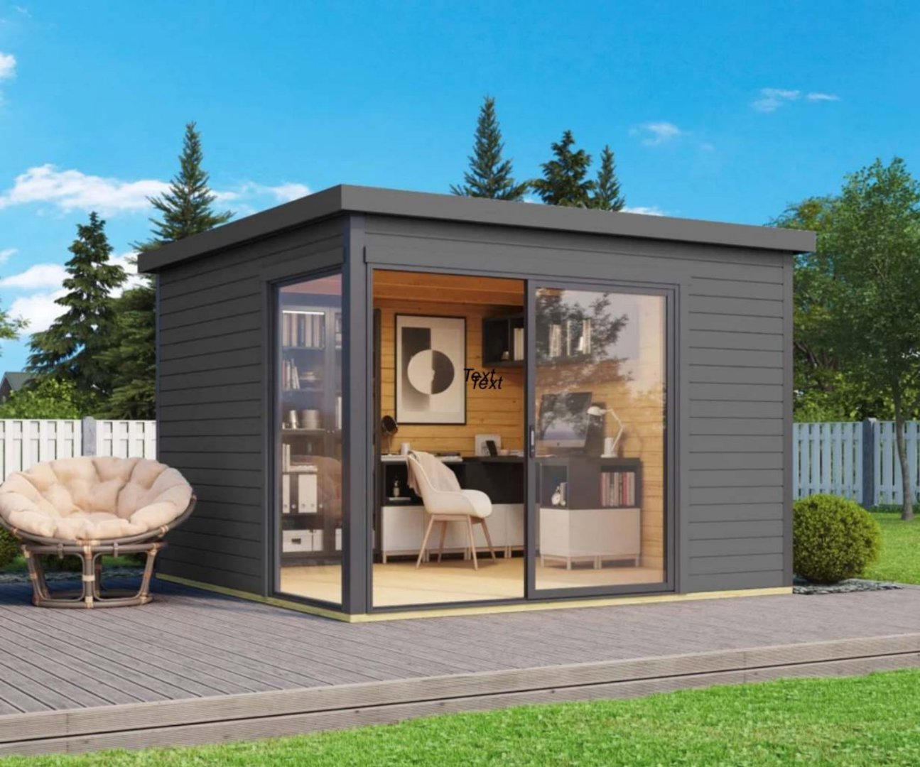 3D-visualisering av en liten hytte eller kontorbygning sett fra utsiden, med innredning synlig gjennom glassveggene.