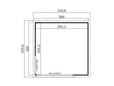 En teknisk tegning som viser detaljerte mål for en rektangulær konstruksjon, sannsynligvis en betongplate eller fundament, med angitte dimensjoner for ytterkant, innvendig rom og tykkelse.