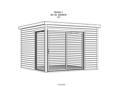 En 2D-linjetegning (rendering) som viser fasaden på en ferdigbygget hytte eller uthus (Domeo 1).