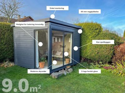 Fotografi av en ferdigstilt liten hytte eller uthus i en hage, med tekstmærker som peker på spesifikke funksjoner og materialer.