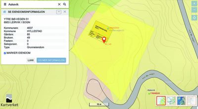 Kartutsnitt fra Kartverket som viser eiendomsinformasjon for Ytre Bø-vegen 51, inkludert bruksnummer, areal og topografiske linjer.