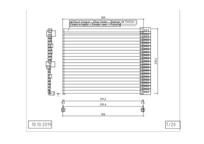 En teknisk detaljtegning som viser en konstruksjon med mål, referanser (A-B) og en tekstbeskrivelse på flere språk.