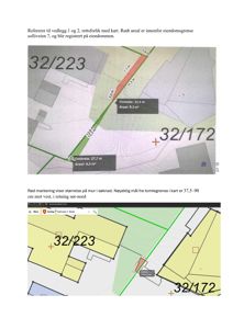 Bildet viser to kartutsnitt (situasjonsplaner) som illustrerer eiendomsgrenser, areal og avstandsmålinger mellom eiendommer.