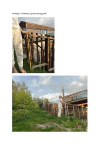 Fotografier som viser utforming og plassering av et tre-gjerde i en byggesak.