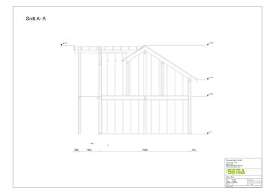 Snittegning (Snitt A-A) som viser bygningens tverrsnitt og konstruksjon.